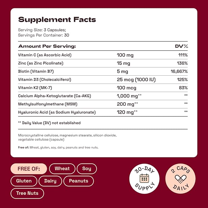 Cata-Kor Hair Skin and Nails Supplement with Biotin | Ca AKG | MSM | Hyaluronic Acid | Vitamin C & Vitamin D3 K2 – Hair Growth Supplements - Promotes Shiny Hair & Radiant Skin – 180 Capsules (2 Pack)