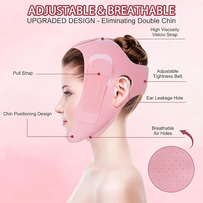 V Line Lifting Mask, Soft Silicone Double Chin Reducer, Chin Strap for Sleeping - Jawline Shaper - Face Lifting Strap 23-27 Inches (Pink)