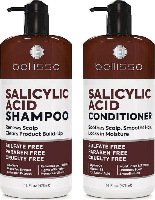 Salicylic Acid Shampoo and Conditioner Set - Scalp Exfoliator Formula for Flakes - Anti Dandruff and Itch Relief for Women and Men - Sulfate and Paraben Free - For Dry, Flaky, Itchy and Oily Hair