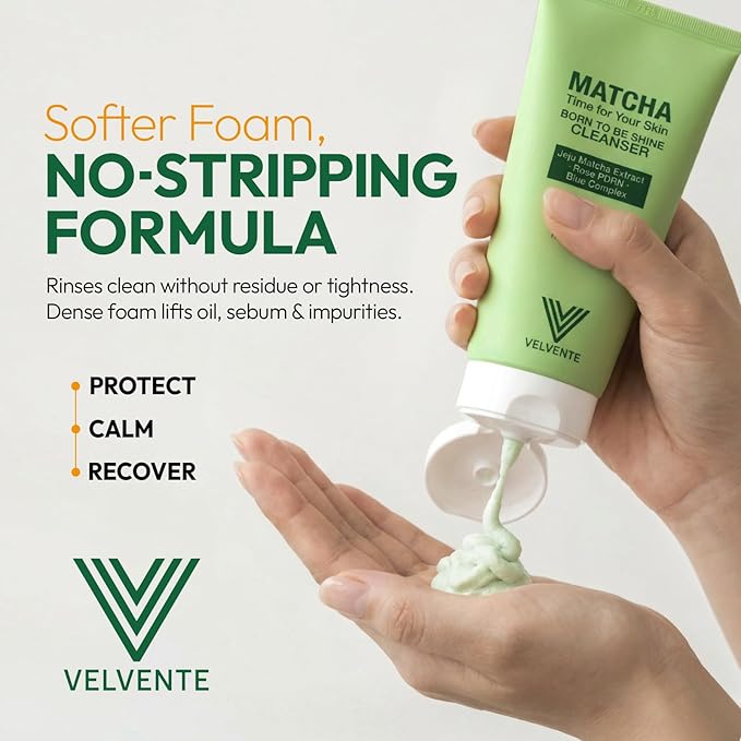 VELVENTE Matcha PDRN Gentle Foam Cleanser for Redness Relief & Acne-Prone Skin | Korean Green Tea Low-pH Face Wash | Pore Refining, Brightening, Soothing Daily Cleanser | Sensitive Skin Friendly