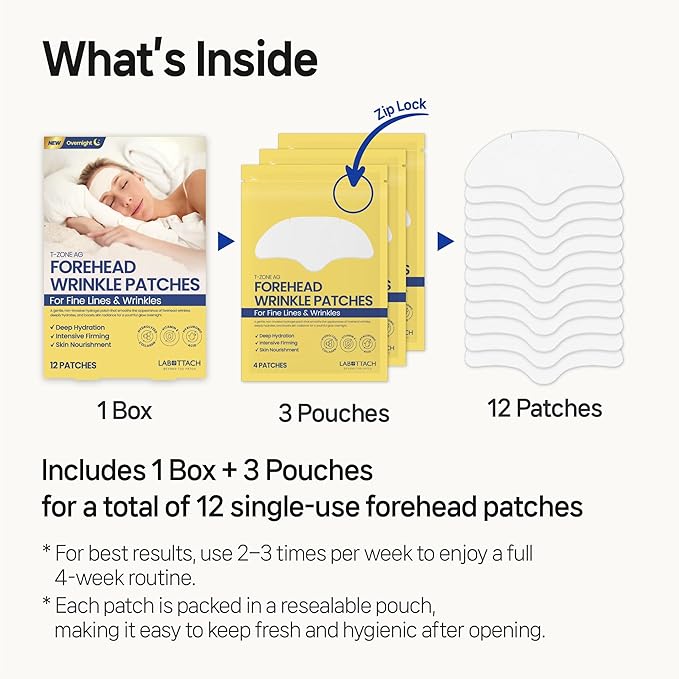 Forehead Wrinkle Patches Overnight 12ct Korean Hydrogel Anti Wrinkle Patches with Collagen, Hyaluronic Acid and Vitamin E for Forehead Lines