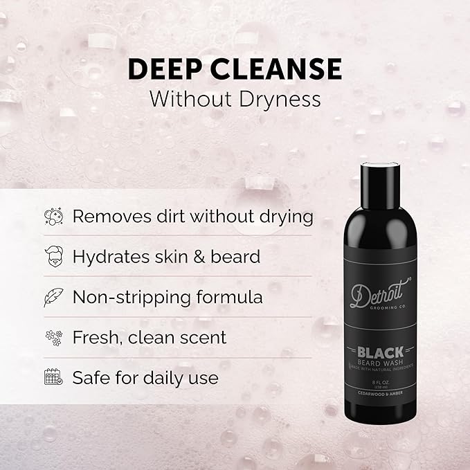 Detroit Grooming Co. Beard Wash - Men's Deeply Cleansing Shampoo for Beards and Mustaches - Aloe Vera and Essential Oils for Refreshing - Cedarwood & Amber Scent - Black Edition - 8oz