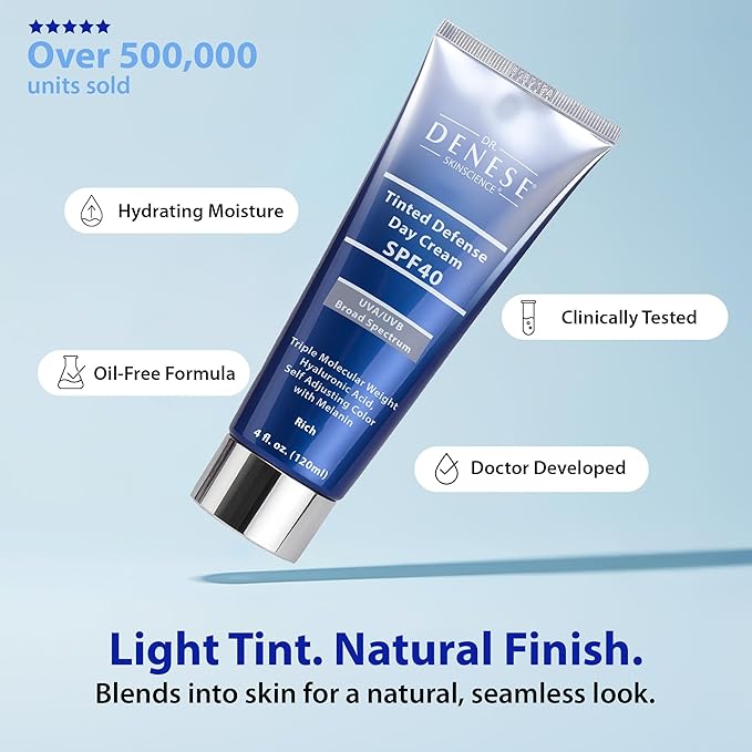 Dr. Denese SPF 40 Defense Day Cream 4 fl oz -Natural Tinted Moisturizer & Daily Sunscreen for Radiant Hydrated Skin–BB Cream with Antioxidants for Smooth Even Tone–Universal Shade for All Skin Types