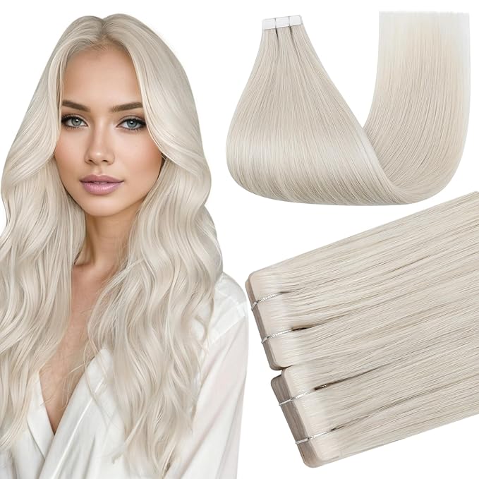 Full Shine Injection Tape in Extensions Human Hair Color 1000 Blonde Injected Remy Tape Ins Human Hair Extensions Invisible Skin Weft 14Inch 40G Short Hair Compatibility 20Pcs Bridal Hairstyles