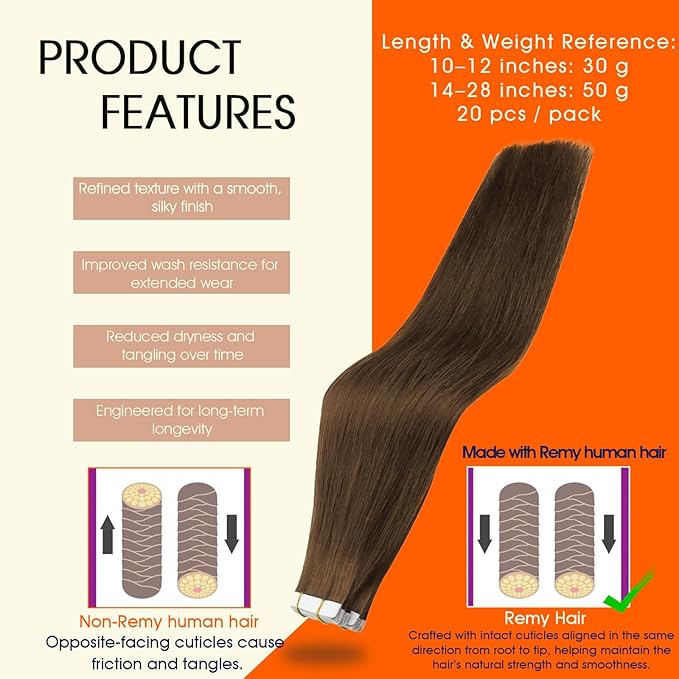Full Shine Tape in Extensions Human Hair 18 Inch Real Tape in Hair Extensions Color 4 Middle Brown Hair Extensions Real Human Hair Straight Seamless Skin Weft 20Pcs 50G Remy Invisible for Women