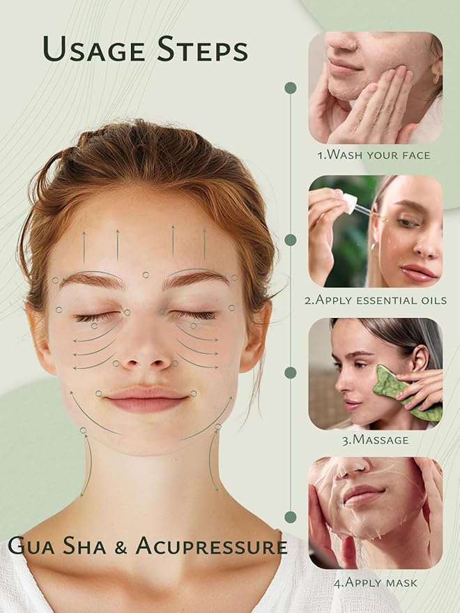 Rena Chris Natural Jade Gua Sha Facial Tools - Acupressure & Gua Sha for Face Massage, Jawline Sculpting, Puffiness Reduction, Skin Care Tool (Green)