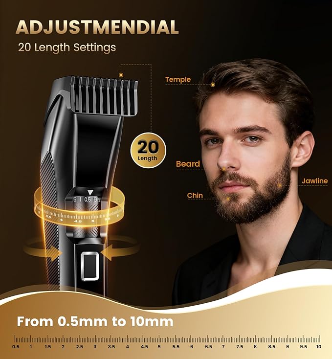 Men's Beard Trimmer-All-in-One Mustache Trimmer with 20 Length Adjustable, Stainless Steel T-Blade for Precision Facial Hair Trimming Cordless IPX7 Waterproof Wet/Dry Clipper,LED Display