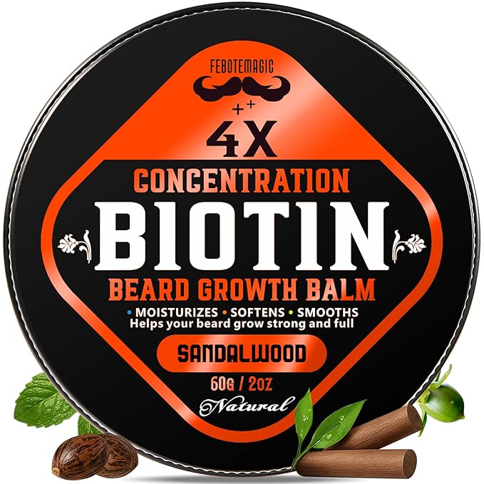 Biotin Beard Growth Balm for Men – Conditioning Balm with Castor, Shea & Jojoba Oils to Condition, Soften & Thicken Facial Hair – Non-Greasy, Sandalwood Scent – 2 oz Grooming Kit