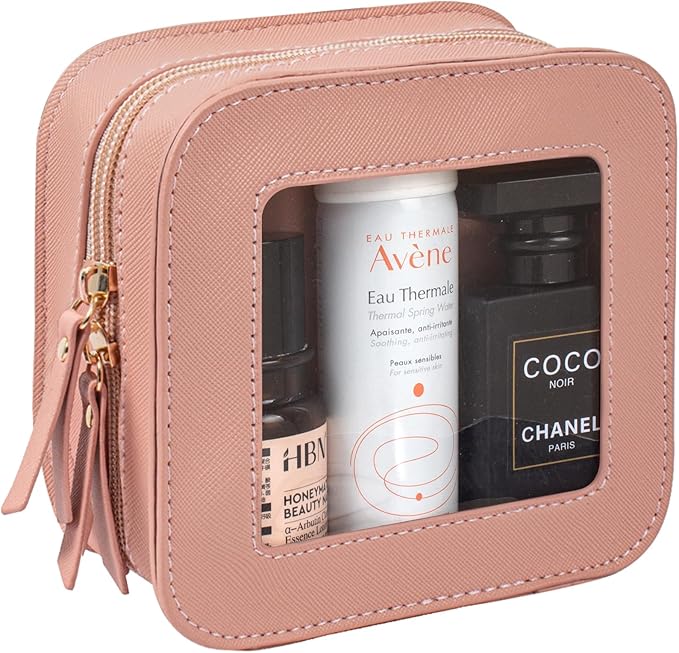 Mini Clear Makeup Bag Travel Cosmetic Case Transparent Toiletry Bag with Zipper, Portable Make Up Organizer Traveling Compact Pink Car Essentials for Girls(Pink, Mini)