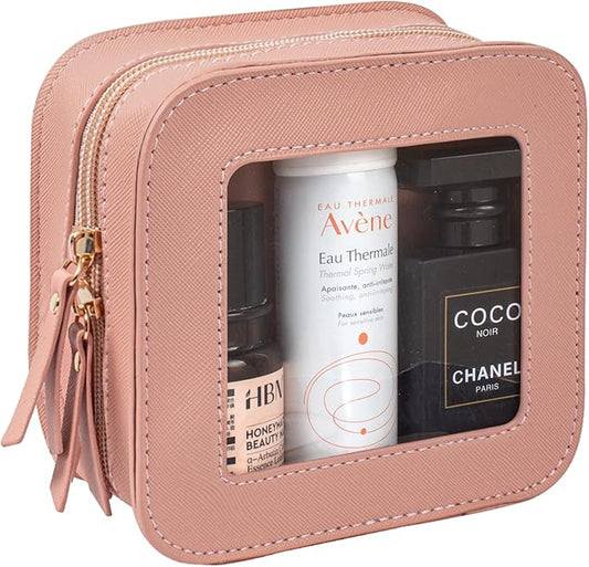 Mini Clear Makeup Bag Travel Cosmetic Case Transparent Toiletry Bag with Zipper, Portable Make Up Organizer Traveling Compact Pink Car Essentials for Girls(Pink, Mini)