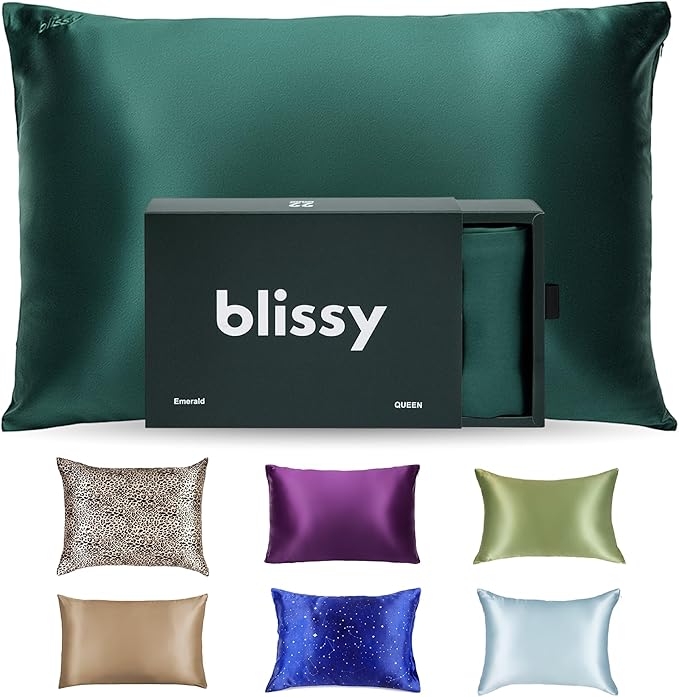 Blissy Silk Pillowcase - 100% Pure Mulberry Silk - 22 Momme 6A High-Grade Fibers - Silk Pillow Cover for Hair & Skin - Regular, Queen & King (Emerald, Queen)