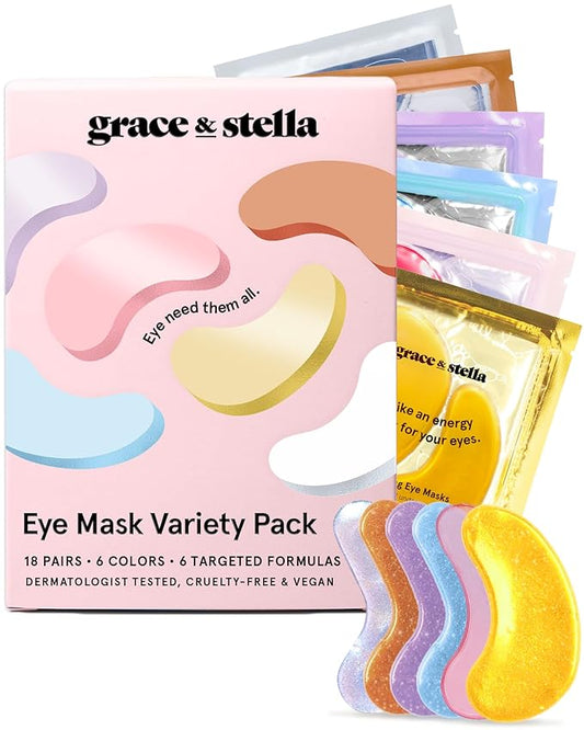 grace & stella Under Eye Mask Variety Pack - 18 Pairs of Under Eye Patches for Dark Circles - With 6 Colors (3 Pairs/Color) - Valentines Gift Bags - Gel Masks Puffy Eyes for Women, Vegan Cruelty Free