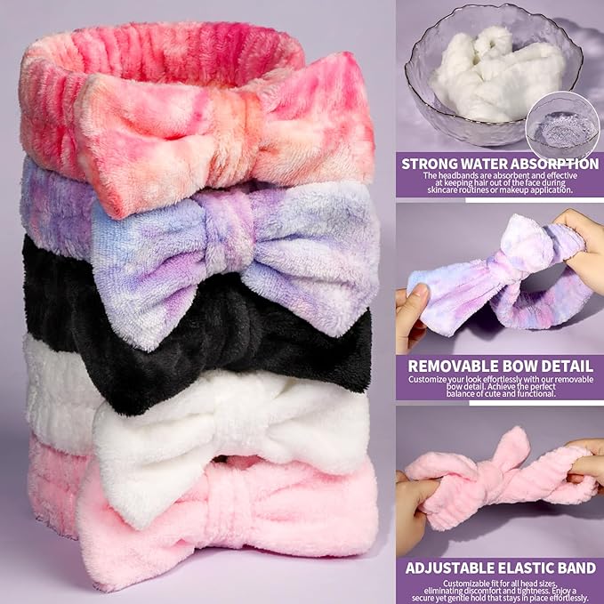 Teenitor Spa headband, Makeup Headband Set, Soft Fuzzy Bow Hair Bands for Washing Face, Facial Skincare Headbands for Teen Girls, Fluffy Hair Bands for Women