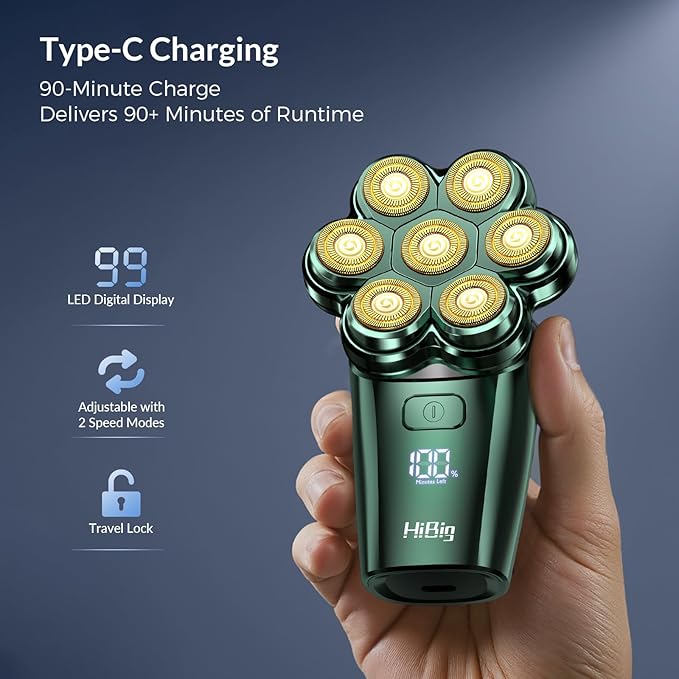 Head Shavers for Bald Men - 7D Arc Electric Razor with Magnetic Detachable Head, Waterproof Wet Dry 5-in-1 Electric Shaving & Grooming Kit, LED Display Head & Body Hair Shaver, Dark Green