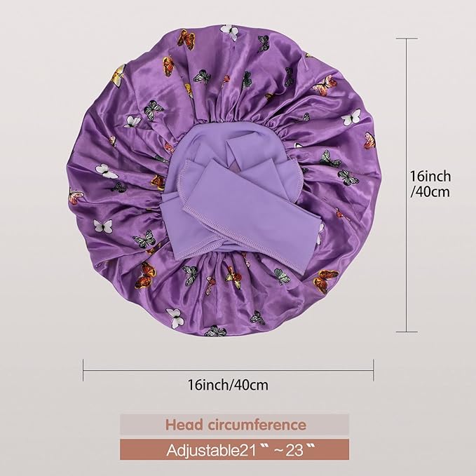 Arqumi Satin Silk Bonnet for Sleeping Women - 2 Pcs Large Long Strap Tie Band Adjustable Sleep Night Shower Cap Hair Bonnet Wrap for Men Reusable, Butterfly Pattern Purple+ Black