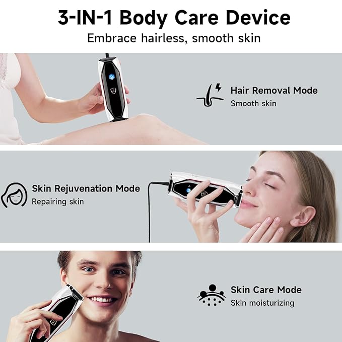 JOVS Laser Hair Removal, 37°F Painless Hair Removal Device with Sapphire Ice-Cooling, 3 in 1 Hair Removal & Skin Rejuvenation for Women and Men, 8 Modes Skin Care for Whole Body, Touch Screen, White