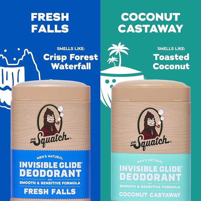 Dr. Squatch Invisible Glide Natural Men’s Deodorant – Smooth Glide, No Stains – Aluminum Free Deodorant Men – Safe for Sensitive Skin – Fresh Falls + Coconut Castaway, 2.65oz (2-Pack)