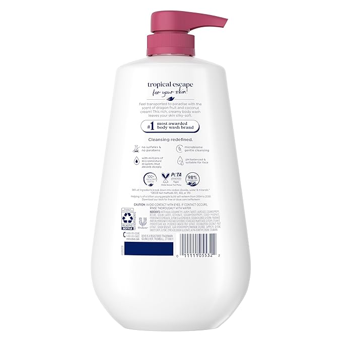Dove Body Wash Replenish Dragon Fruit and Coconut Cream For 24hr Lotion-Soft Skin Moisturizing Skin Cleanser with No Sulfates No Parabens 30.6 oz