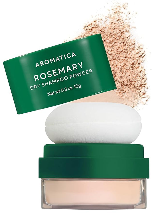 AROMATICA Rosemary Dry Shampoo Powder, Travel Size (10g/0.3oz) - Root Lifting & Volumizing Hair Powder with Panthenol + Biotin, Oil-Absorbing, Non-Aerosol, Talc-Free, Korean Hair Care, for Women