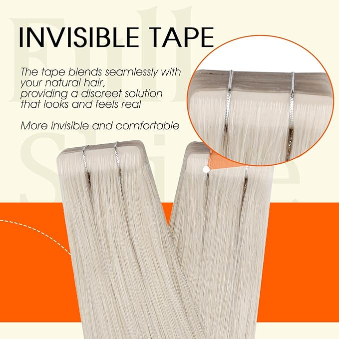Full Shine Injection Tape in Extensions Human Hair Color 1000 Blonde Injected Remy Tape Ins Human Hair Extensions Invisible Skin Weft 14Inch 40G Short Hair Compatibility 20Pcs Bridal Hairstyles