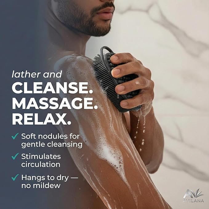 Avilana Premium Silicone Body Scrubber - 8 Years Trusted Since 2017 - SGS Certified Food Grade Dual Sided Bath Brush, Quick-Dry Exfoliating Loofah Alternative, Massage Brush Sensitive Skin Women Men