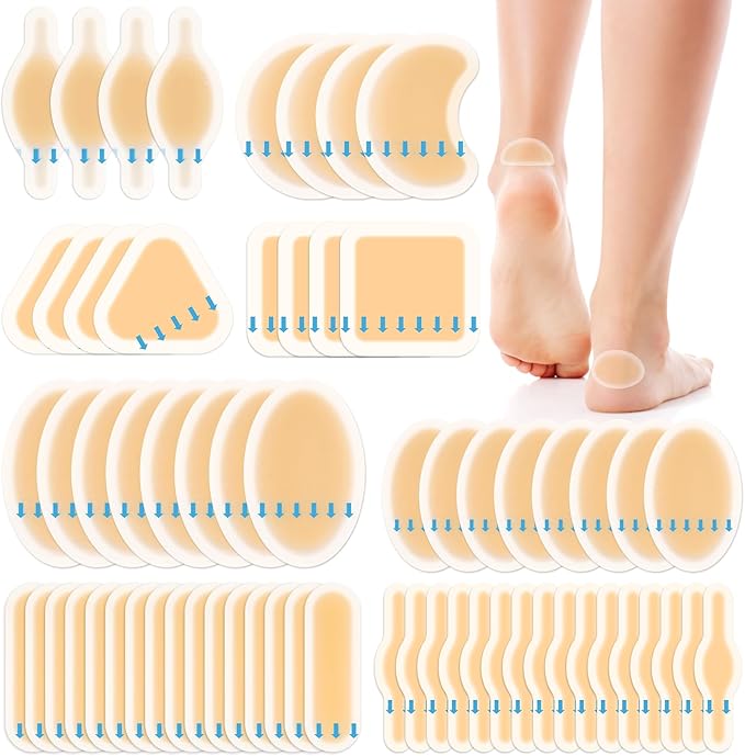 64ct Blister Bandages Waterproof Hydrocolloid Gel Pads for Heels & Toes, Adhesive Blister Cushions for Foot Protection, Hiking Essentials, Blister Prevention Patches, Soft Variety Band-Aids