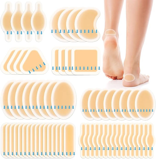 64ct Blister Bandages Waterproof Hydrocolloid Gel Pads for Heels & Toes, Adhesive Blister Cushions for Foot Protection, Hiking Essentials, Blister Prevention Patches, Soft Variety Band-Aids