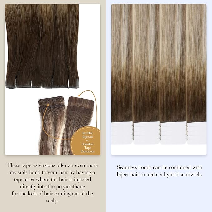 Full Shine Virgin Injection Tape in Hair Extensions Human Hair 10Gram 5Pcs Color 3/8/22 Brown And Blonde Injected Tape ins Human Hair Extensions Seamless Skin Weft 16Inch Intact Human Hair