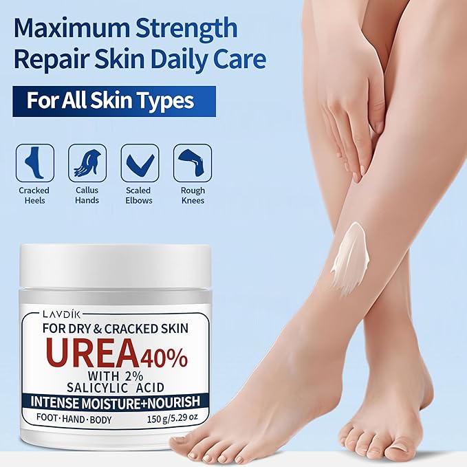 40% Urea Cream with 2% Salicylic Acid, Maximum Strength Moisturizer for Dry, Cracked Skin on Feet, Hands, Heels, Elbows, and Knees, 5.29 OZ