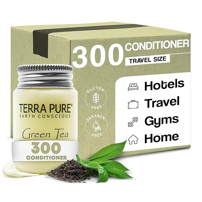 Travel Size Hotel Conditioner 300 Count 1 oz Bottles Guest Amenities for Hotels Vacation Rentals and Short Term Rentals Paraben Free Green Tea Scent Infused with Aloe and Olive Oil by Terra Pure)