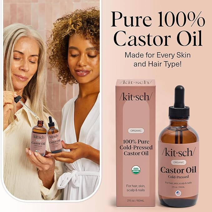 Kitsch Organic Castor Oil for Hair Growth - 100% Pure Castor Oil, Organic Cold Pressed Unrefined Glass Bottle for Face, Skin, Lashes, Brows, Scalp, Nails & Belly Button | Ideal Gifts for Women - 2 oz