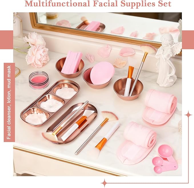 28 Rose Gold Facial Supplies 3 Facial Mask Mixing Bowls 3 Facial Fan Brushes 3 Mask Applicator Brushes 3 Mask Measuring Spoons Skincare Tray 3-Compartment Tray 12 Facial Sponges 2 Spa Headbands
