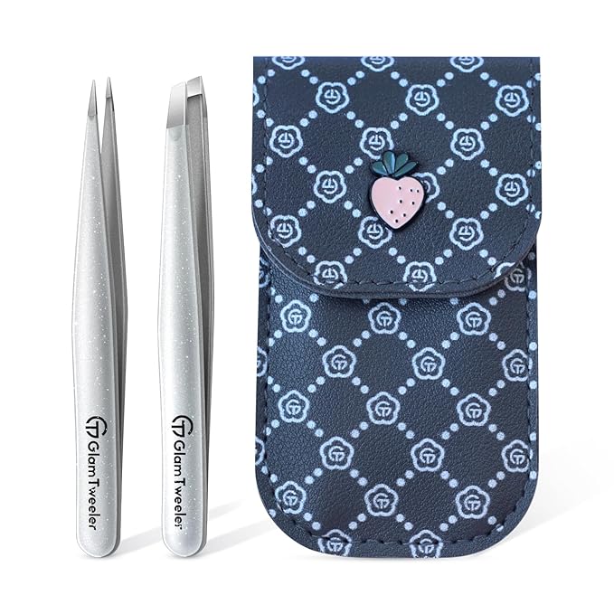 Expert Slant and Point Tip Tweezer Set with Exclusive Storage & Carrying Case, GlamTweeler Sharp & Precision Tweezer Set for Eyebrows, Facial Hairs and Fine Hairs Removal (Sparkle Silver)