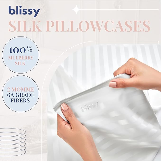 Blissy Silk Pillowcase - 100% Pure Mulberry Silk - 22 Momme 6A High-Grade Fibers - Silk Pillow Cover for Hair & Skin - Regular, Queen & King (White Striped, King)