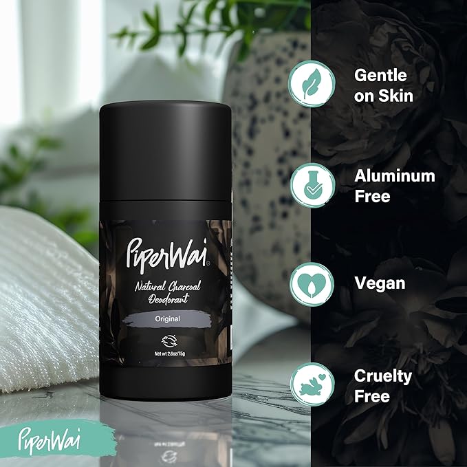 PiperWai Natural Deodorant w/Activated Charcoal | Odor Protection, Vegan, Aluminum Free, Shark Tank Product for Women & Men | Great for Travel, & Gifts | 2.6 oz (75g) Original Scented Stick 2-Pack