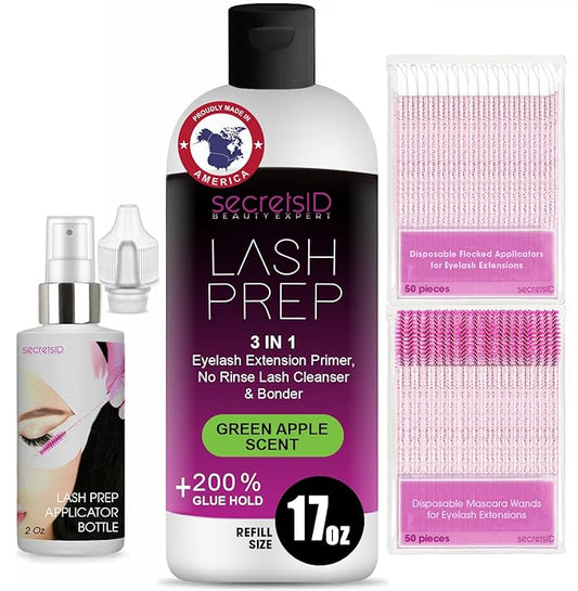 3 in 1 Eyelash Extension Primer Bulk 16 Oz - No Rinse Lash Cleanser and Bonder - Made in America Kit with 100 Wands for Lash Technicians and Brow Stylists for Optimal Retention - Green Apple Scent