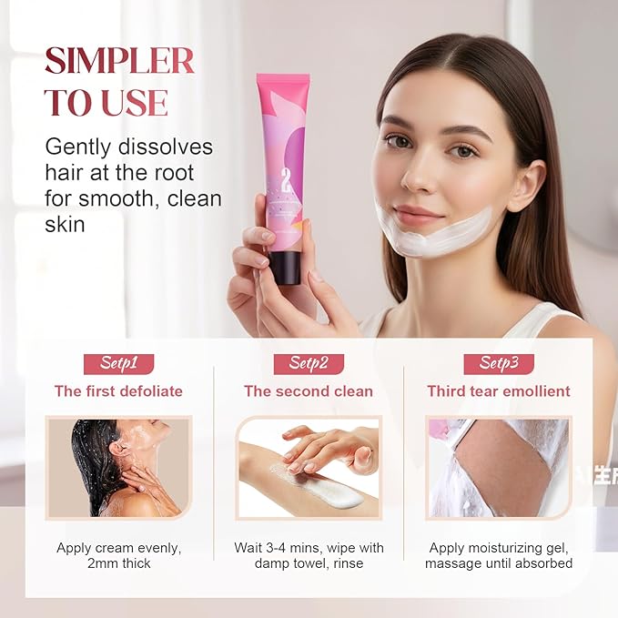Gentle Facial Hair Removal Cream for Women, Advanced Formula for Sensitive Skin, Painless Hair Remover Kit with Cream & Smoothing Gel & Soothing Lotion (1, Standard)