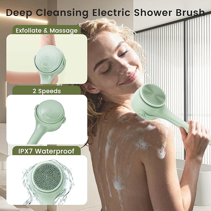 Electric Back Scrubber for Shower - Waterproof Rechargeable Exfoliating Brush for Deep Cleansing, Soft Bristles for Sensitive Skin, Dry/Wet Use for Back, Arms & Legs