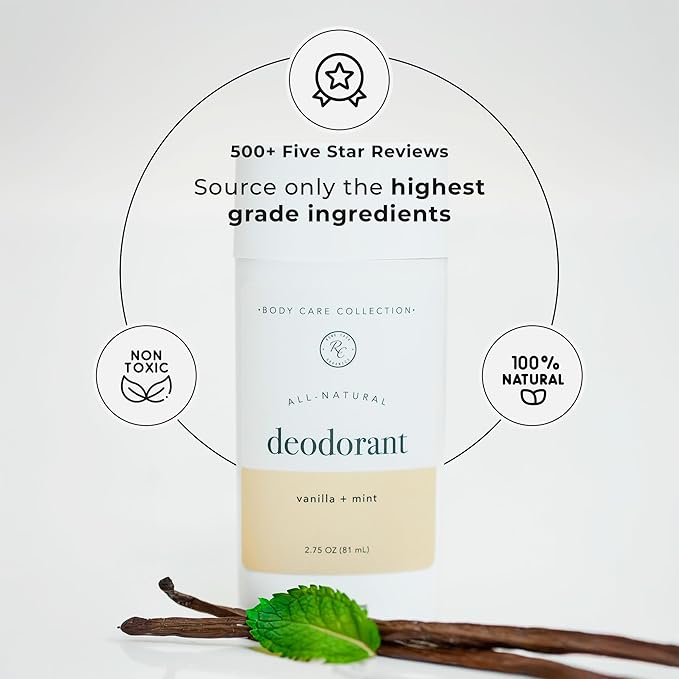 Rowe Casa Organics Vanilla + Mint Natural Deodorant for Men and Women, Sweet and Refreshing Paraben-Free Deodorant Stick with Therapeutic-Grade Essential Oils, 2 oz