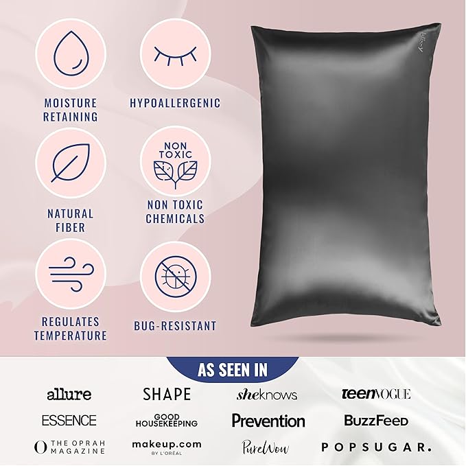 Blissy Silk Pillowcase - 100% Pure Mulberry Silk - 22 Momme 6A High-Grade Fibers - Silk Pillow Cover for Hair & Skin - Regular, Queen & King (Gray, Standard)