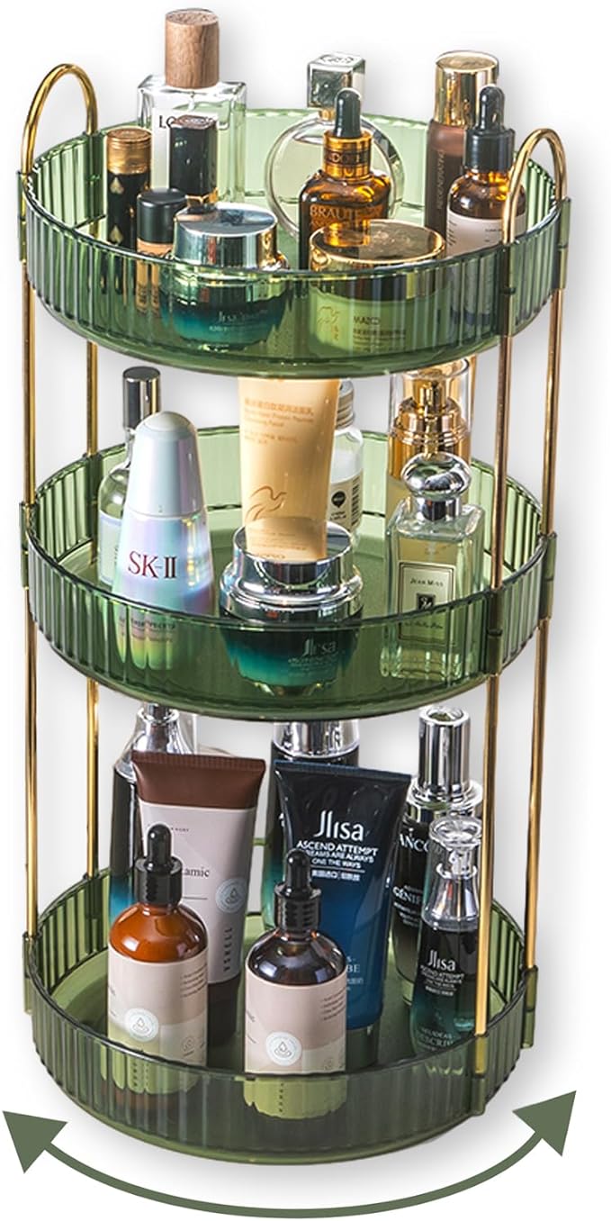 360 Rotating Perfume Organizer,3 Tier Large Capacity Make Up Organizers and Storage,Makeup Organizer for Bathroom,Cosmetic Perfume Stand Holder (Green-3 Tier)