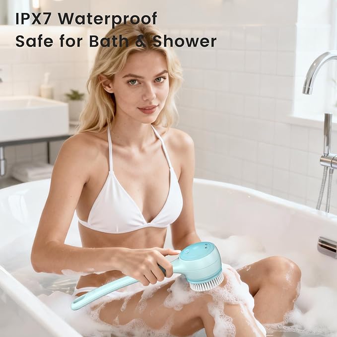 Electric Back Scrubber for Shower - Waterproof Rechargeable Exfoliating Brush for Deep Cleansing, Soft Bristles for Sensitive Skin, Dry/Wet Use for Back, Arms & Legs (Blue)
