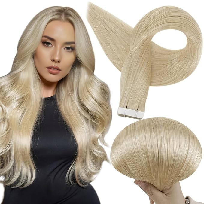 Full Shine Pu Tape in Hair Extensions Human Hair Blonde Tape in Extensions Silky Brazilian Human Hair Blonde Color 613 Double Sided Adhesive Tape ins Human Hair Extensions 24 Inch 50 Gram 20Pcs