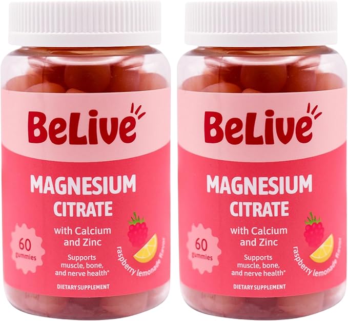 BeLive Magnesium Citrate Gummies with Calcium and Zinc for Adults and Kids - High Absorption Magnesium Supplement for Cognitive, Bone, Muscle and Nerve Health - Raspberry Lemonade - 120 Count