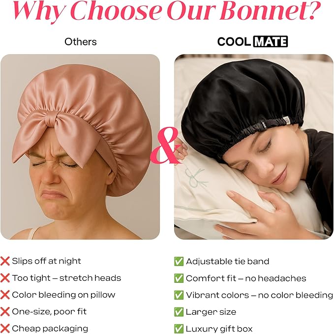 CoolMate Adjustable Satin Silk Bonnet for Sleeping Women, Tie Double Lined Silk Bonnet for Women Long Hair