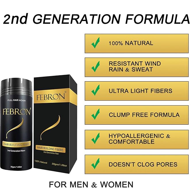FEBRON Hair Fibers For Thinning Hair For Women & Men Hair Loss Concealer Hair Powder Volumizing Based 100% Undetectable & Natural - Bald Spots Filler (30 Gram, Dark Gray)