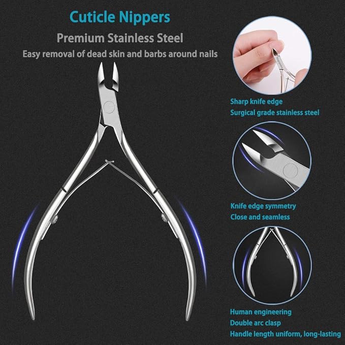 7PCS Professional Cuticle Nippers with Cuticle Pusher Set, Stainless Steel Cuticle Trimmer and Nail File for Women Fingernail Manicure Tools Kit at Home Salon