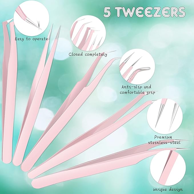 Chumia 5 Pcs Lash Tweezers for Eyelash Extensions High Precision Volume Pink Eyelash Tweezers Stainless Steel Curved Pointed Lash Tool with Box for Women Makeup Beauty Accessories Beginners