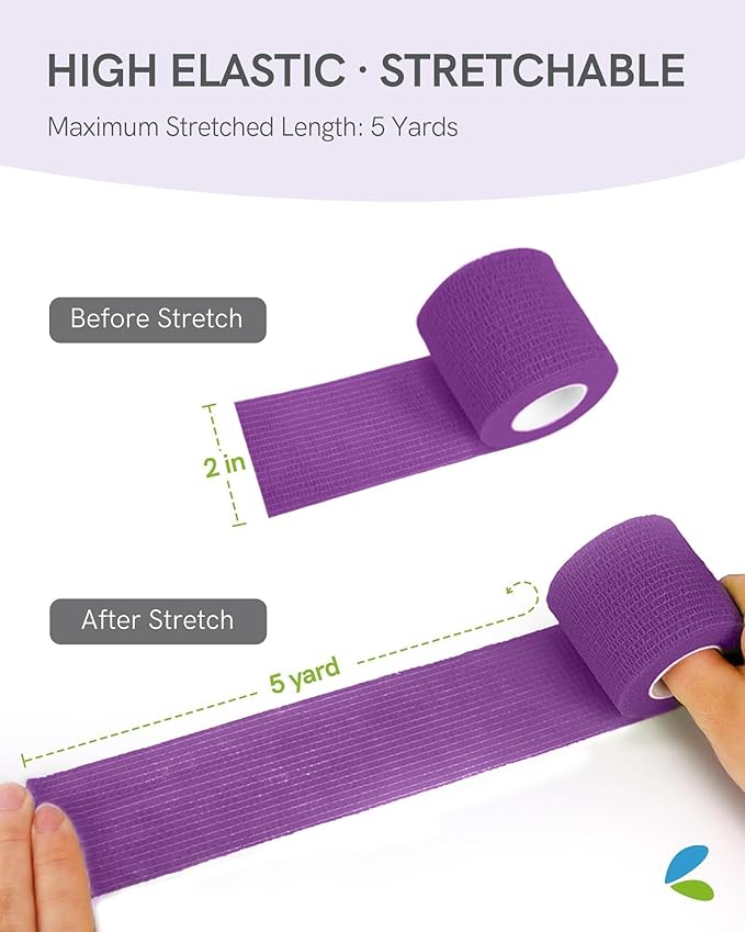 FriCARE Self Adhesive Bandage Wrap, Medical Tape in First Aid Kit, Cohesive Bandages for Wounds Sport Vet, 2 Inches X 5 Yards 6 Rolls, Purple