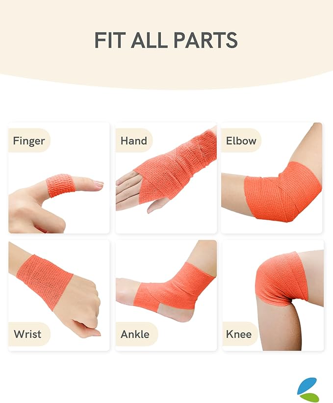 FriCARE Self Adhesive Bandage Wrap, Medical Tape in First Aid Kit, Cohesive Bandages for Wounds Sport Vet, 2 Inches X 5 Yards 6 Rolls, Fluorescent Orange